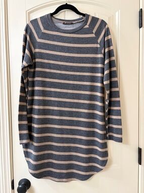 Women's Striped Crewneck Tunic Sweater with Elbow Patch Accent - Gray & Tan
